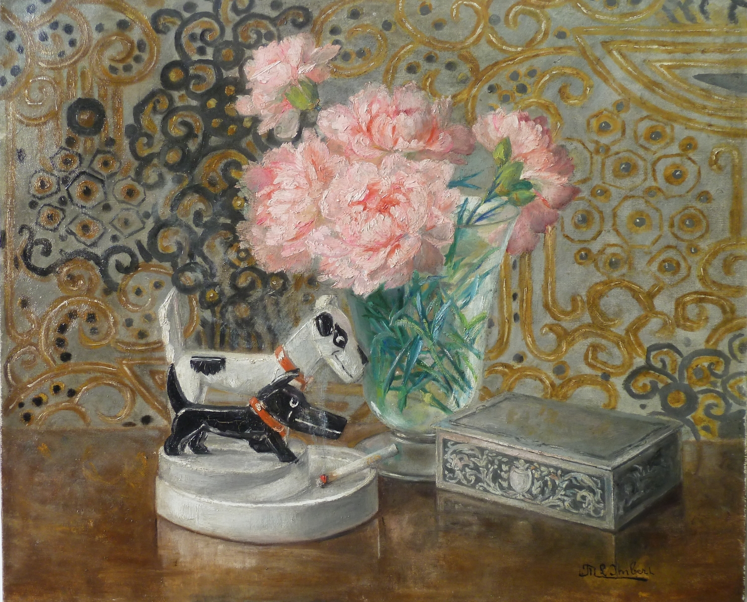 imbert marie-louise bouquet d’œillets au cendrier à décor de chiens